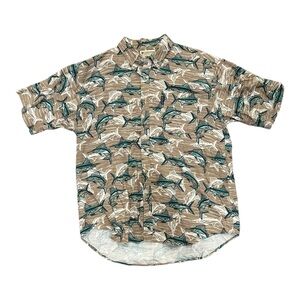 Columbia Sportswear fish shirt large tan with fishy pattern short sleeve button
